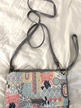 Sakroots Multicolor Geometric Elephant Print Crossbody with Gray Strap